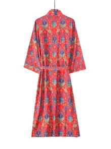 宽松复古佩斯利印花和服/长袍/罩衫，优雅波西米亚风格女士外套，柔软缎面面料，中长款，适合春秋季海滩和旅行