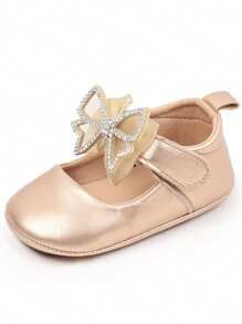 1 par de zapatitos de bebé, diseño lindo de lazo de dibujos animados, apropiado para interiores y exteriores con suela antideslizante para aprender a caminar, zapatos planos y suaves para bebés. - Dorado - Ver 3