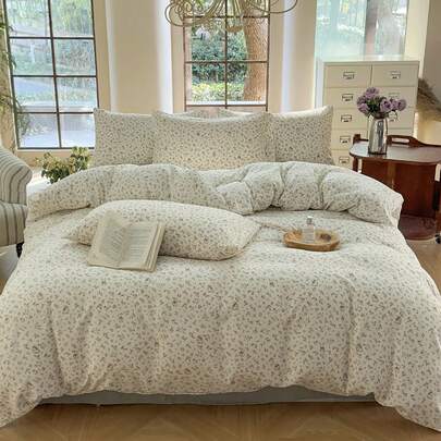 Bộ chăn ga gối 3 món 100% Polyester in họa tiết hoa và thỏ dễ thương, 2 vỏ gối + 1 vỏ chăn (Không có ga trải giường)