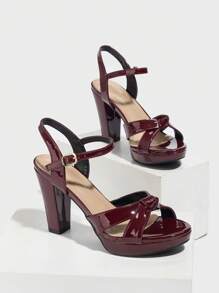 Women's Platform High Heel Sandals, Quality Chunky Heel Criss-Cross Open Toe Dress Shoes, Burgundy, Elegant & Fashionable For Party, Daily Wear - Burgundy - View 6