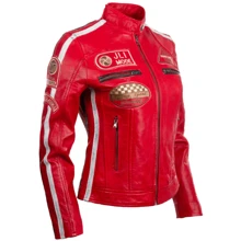 AVIATRIX Women Real Leather Racing Biker Jacket QOOC - Red - View 3