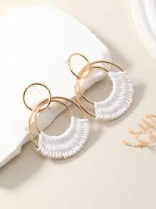 1 Pair Bohemian Style Resort Rattan Round Earrings In Ivory White, Fuchsia, And Orange, Hand-Woven, Fashionable For Women, Suitable For Daily Wear