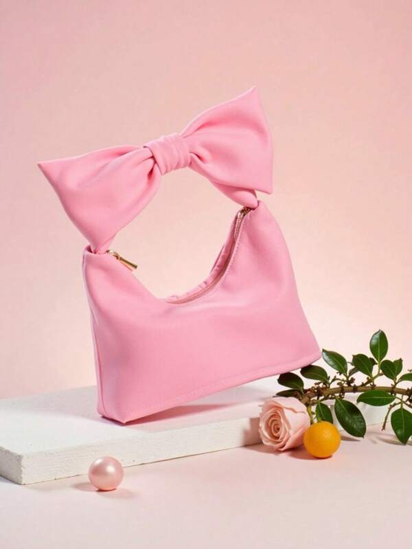 حقيبة يد مزينة بالفيونكة ، حقيبة معصم للبنات بتصميم قلب بلون الوردي والسحب، قماش قطني جميل، وصول جديد لعام 2025