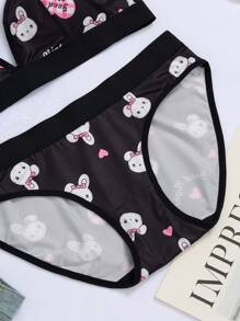 Sanrio طقم 2 قطعة من بنطلونات داخلية ذات خصر مرن وصدريات للنساء مطبوع عليها طبعة 'هلو كيتي' - الأسود - مشاهدة 5