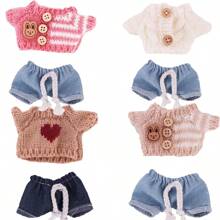4pcs/Set Setelan Atasan Rajut Lengan Pendek dan Celana Pendek Denim Baru Cocok untuk Boneka Plush LABUBA 17cm (Boneka Tidak Termasuk) - MultiWarna - View 1