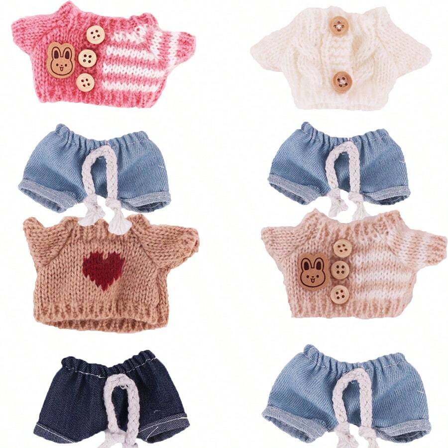 4pcs/Set Setelan Atasan Rajut Lengan Pendek dan Celana Pendek Denim Baru Cocok untuk Boneka Plush LABUBA 17cm (Boneka Tidak Termasuk) - MultiWarna - View 1