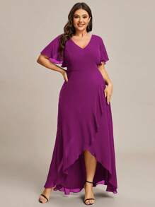 EVERPRETTY Plus Size V-Neck Asymmetric Ruffle Chiffon Bridesmaid Dress, Autumn Wedding Guest Dress - Red Violet - View 6
