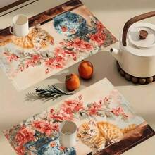 1/4/6 件厨房餐桌垫采用猫图案设计，由 100% 聚酯纤维编织而成。尺寸为 12 * 18 英寸/30 * 45 厘米，可机洗，耐热、防污、防水且易于清洁。它们可用作礼物、家居用品、厨房用品和春季室内装饰。 - 彩色 - 查看 4