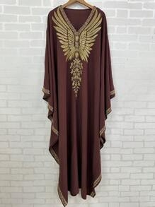 Elegant Plus Size Kaftan Dress With Embroidered Wings - V-Neck, Batwing Sleeves, Loose Fit Maxi For Women - Brown - View 3