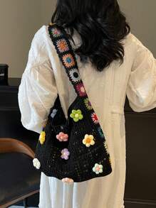 Dedoo Retro Hollow-Out Floral Contrast Color Casual Crossbody Bag(The Color Position Of Flowers Is Random)(The Color/Pattern Of Shoulder Strap Is Random)
