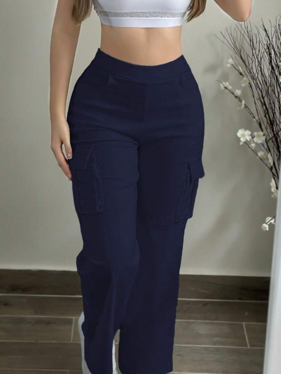 Women's Casual Solid Color Straight Leg Pants With Pockets, Versatile For Daily Wear, Spring/Autumn/Winter - Navy Blue - View 1