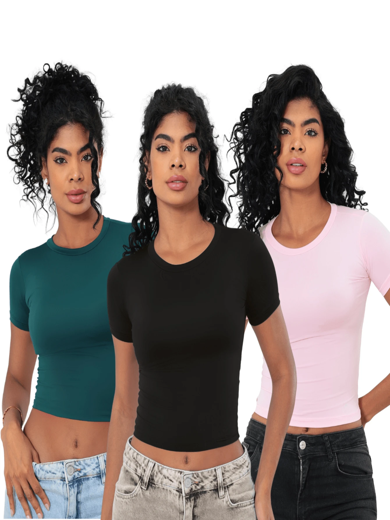 Moderna & Slim Kit 3: Women's Baby Tee: Slim Fit Short Sleeve Blouse - 1 Black and 1 Emerald 1 Baby Pink - View 1