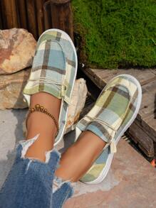 Retro Color-Block Round Toe Slip-On Casual Canvas Sneakers For Women, Elastic Band - Green - View 3