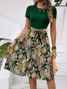 Vestido elegante informal de corte A con estampado de bloques de color para mujer,Vestidos de mujer - Verde - Ver 3