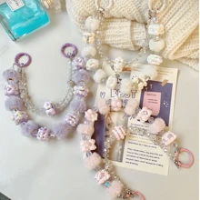 New Autumn/Winter Beaded Fuzzy Rings, Hand-Painted Pearl Double Chain Phone Strap, Car Key Chain, Bag Embellishment, Assorted Beaded Phone Charm