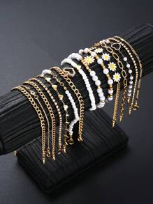 12pcs/15pcs Minimalist Style Daisy, Heart, Pearl & Butterfly Anklet, Fashion Women Accessory For Birthday, Vacation, Beach Party, Daily Matching - Multicolor - View 5