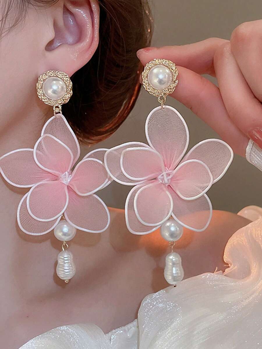 Andkiss 1 Pair Elegant & Gentle Flower Design Dangle Earrings, Suitable For Everyday Wear - Multicolor - View 1