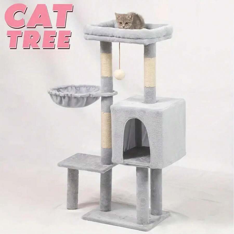 Multi-Level Cat Tree Tower With Scratching Posts, Hammock & Condo - Grey Plush Cats Activity Center For Indoor/Outdoor - Grey - View 1