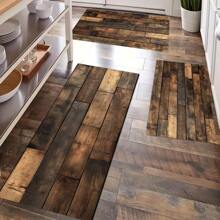1 pieza Alfombra de silicona con patrón de grano de madera retro antideslizante para cocina de barro, impresión 3D rectangular, apta para sala de estar, dormitorio, pasillo, baño, lavandería - Alfombra de poliéster para decoración del hogar interior y exterior - FUCFD130 - Ver 2