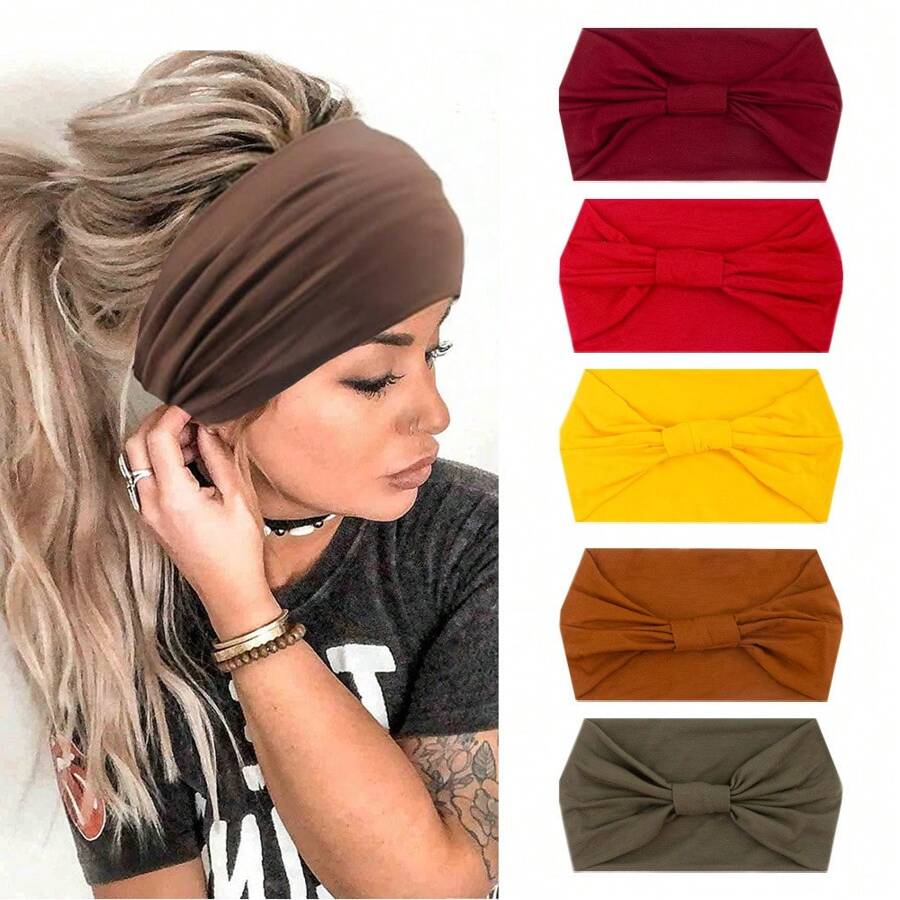 1pc New Bow Solid Color Fashion Everything Sports Fitness Yoga Sweat-Absorbent Wide Edge Elastic Headband Men And Women The Same