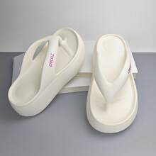 Women's Spring/Summer Thick Sole 6cm Wedge Flip Flops, Elevated, Wear-Resistant, Anti-Slip, Beach Holiday, Casual Fashion Sandals, Minimalist, Comfortable, Durable, Colorful Letter Decor, Slip-On
