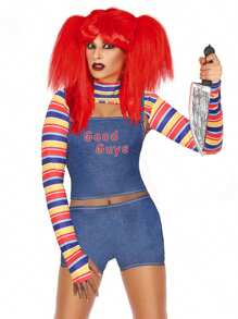 Women Halloween Costumes Evil Doll Camisole Striped Shrug Elastic Shorts For Cosplay Masquerade Party Outfits - 藍色 - 查看 1