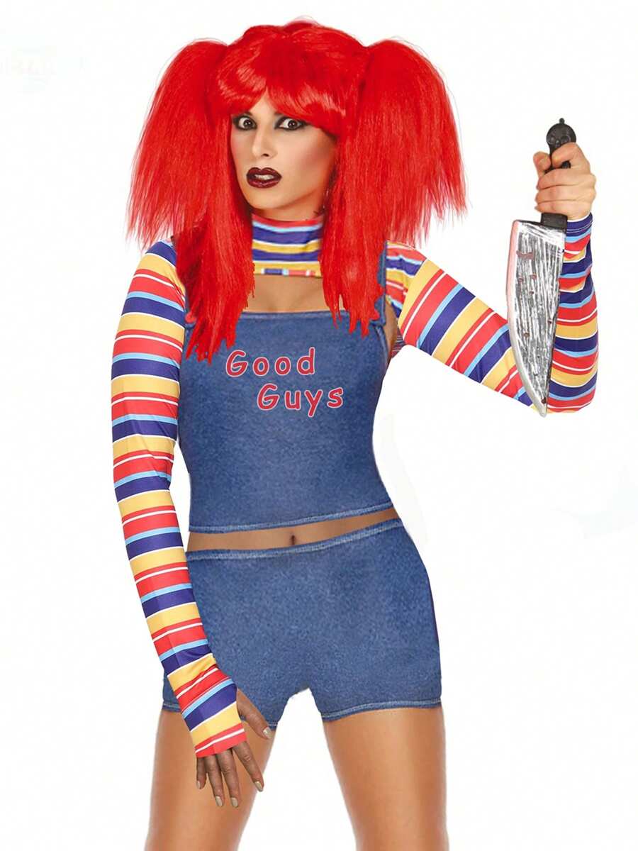 Women Halloween Costumes Evil Doll Camisole Striped Shrug Elastic Shorts For Cosplay Masquerade Party Outfits - 藍色 - 查看 1