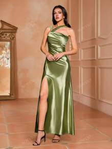 MOEVIO Vestido largo formal de seda con abertura frontal, espalda descubierta, tirantes asimétricos y drapeado, ideal para eventos de noche, fiestas, graduaciones y bodas en primavera y verano