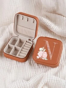 1pc Caixa de joias rosa com flores rosas, caixa de joias de viagem da moda com letras de ouro rosa, caixa de joias de viagem de presente personalizada, presentes de aniversário para mulheres, presentes de Natal para meninas adolescentes, iniciais, caixa de joias de viagem A-Z