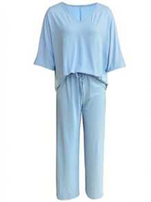 hoteel Casual Style Loose Khaki-Two Pieces Outfit: Pure Solid Color V-Neck T-Shirt + Wide Leg Pants, Woman Clothes - 淺藍色 - 查看 2