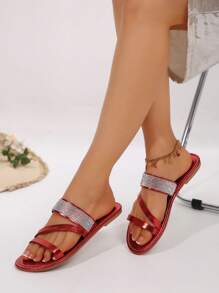 Women's Red Slide Sandals With Rhinestone Straps – Round Toe Flat Sandals, Fashionable & Minimalist Summer Slippers For Women, Comfortable Outdoor Casual Shoes