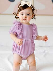 2Pcs Baby Girls Rompers Floral Print Lace Ruffles Round Neck Short Sleeve Infant Bodysuits Jumpsuits - Purple - View 8