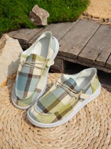 Retro Color-Block Round Toe Slip-On Casual Canvas Sneakers For Women, Elastic Band - Green - View 5