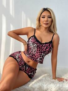 夏季睡衣薄款舒适两件套性感豹纹吊带短裤女士家居服情趣内衣 - 玫紅色 - 查看 6