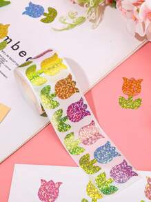 (500 pezzi/rotolo) Rotolo di adesivi olografici a tulipano, adesivi sigillo a forma di fiore colorati laser, adesivi decorativi floreali impermeabili e autoadesivi per buste, diari, feste di compleanno, biglietti di auguri, vacanze, forniture scolastiche, ritorno a scuola