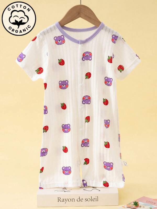 1pc Baby Boys Lovely Strawberry Bear Print Coverall Romper With Shorts, Short Sleeve, Suitable For Casual Wear And Outings