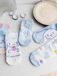Sanrio 5 Pairs Teenage Girls' Blue Cinnamoroll Cartoon Cute Pattern Breathable Short Socks, Suitable For Spring/Summer