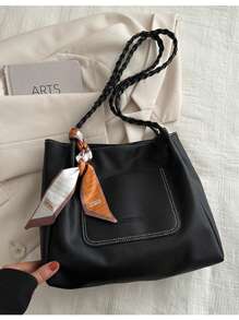 女士复古皮革托特包，大容量，2025春季个性斜挎包，适合工作和通勤，附赠1条随机颜色围巾 - 黑色 - 查看 7