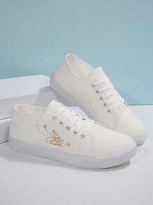 1 paire de chaussures canevas extérieur femme anti-dérapantes à bout rond avec broderie élégante de papillon, confortables, légères, à semelle plate et souple, baskets casual adaptées pour un port toute la journée