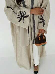 1 件女式长袍，棕榈树刺绣，亚麻面料，透气吸湿排汗，时尚宽松长袍，适合休闲穿着、聚会和节日，朴素的长袍