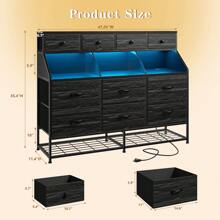 EnHomee Large Dresser With 10 Drawers & Shoe Rack & Acrylic Shelving Unit, Wide Dressers And Chests Of Drawers With Power Outlets And LED Lights Bedroom Dresser For Entryway, Halfway, Closet, Mother's Day Decor, Room Decor, Home Decor, Vintage Black Wood Grain - 查看 6