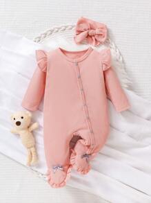 Neugeborenes Baby Mädchen einfarbiger Langarm Jumpsuit mit Schleife - Pink - Übersicht 1