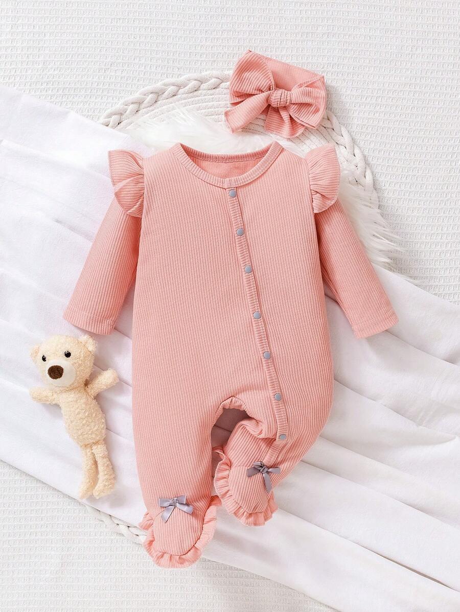 Neugeborenes Baby Mädchen einfarbiger Langarm Jumpsuit mit Schleife - Pink - Übersicht 1