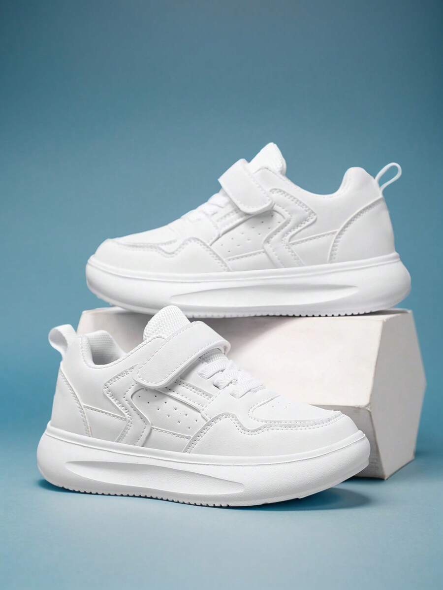 1双青少年PU魔术贴平底休闲运动鞋，适合日常休闲运动出行 - 白色 - 查看 1