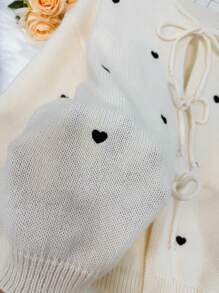 [Tops] French Style Tie-Neck Allover Heart Print Bowknot Twist Cardigan Sweater For Women, Unique Heart Patchwork Knit Top - Apricot - View 3