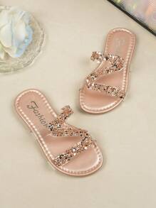 1 Pair Girls Classic Round Toe Rhinestone Decor Flat Sandals, Cute & Fashionable For Summer, Beach, And Various Occasions - Champagne - View 5