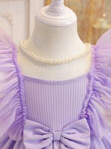 Đầm công chúa chữ A lưới cổ vuông viền bèo nhún dễ thương cho bé gái, thời trang đa năng ngọt ngào, thích hợp mặc hàng ngày, dự tiệc, đi chơi, xuân/hè - Màu tím - Xem 6