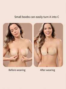 1 Pair Mango-Shaped Breathable Adhesive Push Up Bra, One-Piece Silicone Wedding Dress Anti-Convex Underwear, Sexy Nipple Cover. Suitable For Everyday Sports, Beach Parties, Formal Occasions, Outings, And Dates. - Apricot - View 7