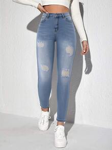 Pantalones de mezclilla ajustados de cintura alta, muy elásticos, TR súper suaves de 10 hilos - Lavado ligero - Ver 2