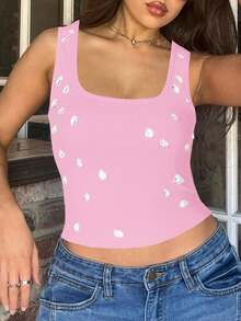 Áo croptop nữ đính đá lấp lánh cổ chữ V, màu hồng nhạt, thích hợp mặc mùa hè. - Hồng - Xem 4